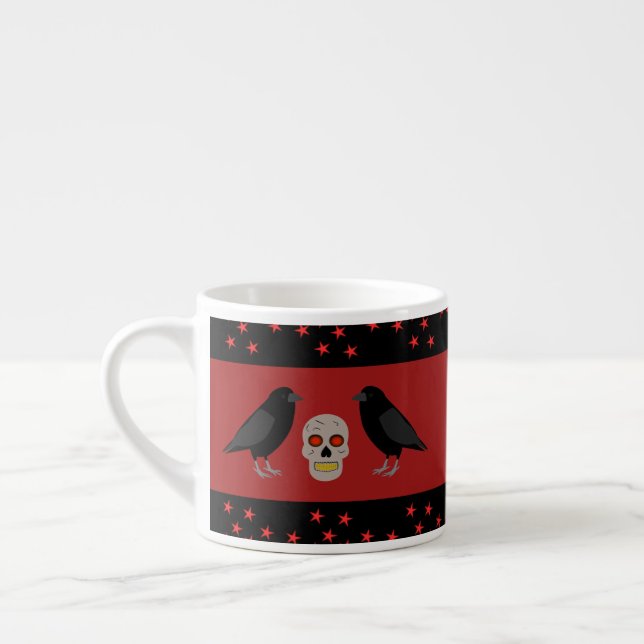 Gothic Skull and Guardian Ravens Halloween Espresso Cup (Left)