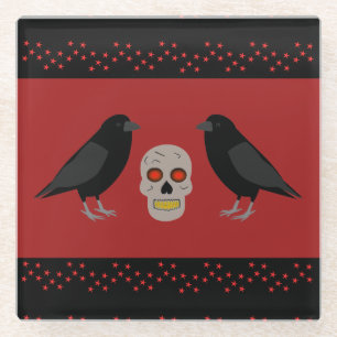 Gothic Skull and Guardian Ravens Halloween Glass Coaster
