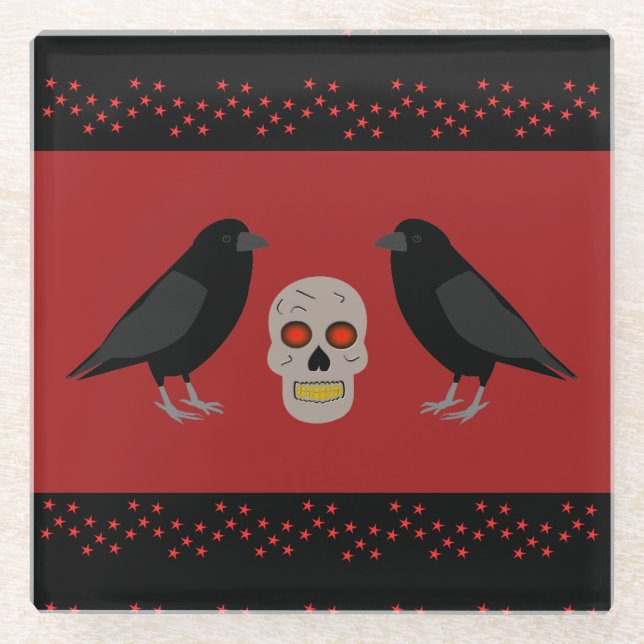 Gothic Skull and Guardian Ravens Halloween Glass Coaster (Front)