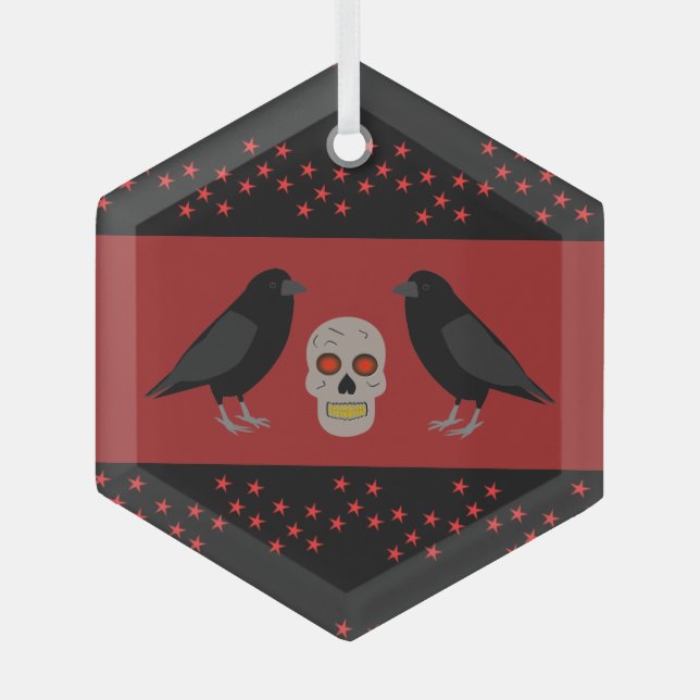 Gothic Skull and Guardian Ravens Halloween Glass Tree Decoration (Front)