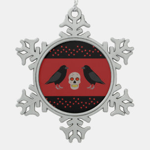 Gothic Skull and Guardian Ravens Halloween Snowflake Pewter Christmas Ornament