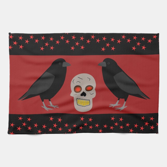 Gothic Skull and Guardian Ravens Halloween Tea Towel (Horizontal)