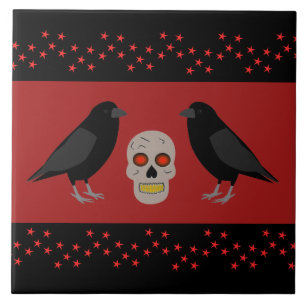 Gothic Skull and Guardian Ravens Halloween Tile