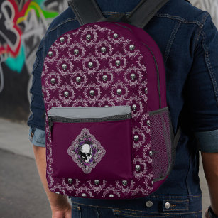 Gothic Skull and Lace Damask Grey Purple Eggplant Printed Backpack