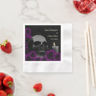 Gothic Skull and Purple Roses Halloween Wedding Napkin