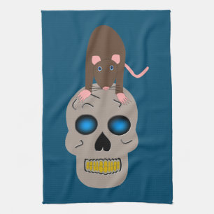 Gothic Skull and Rat Halloween Tea Towel