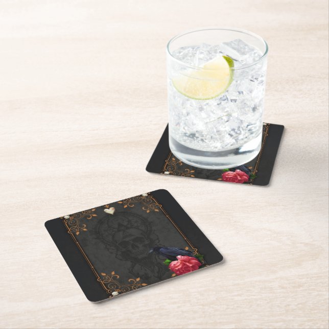 Gothic Skull and Raven.  Square Paper Coaster (Insitu)