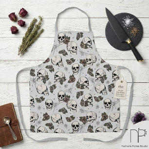 Gothic Skull and Rose Floral Apron