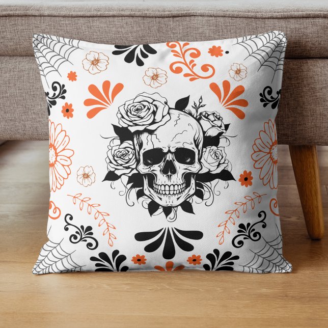 Gothic Skull and Roses Halloween Floral Throw Cushion (Creator Uploaded)