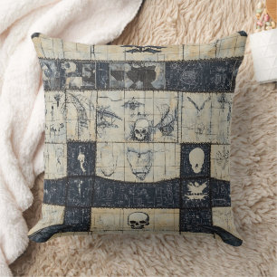 Gothic Skull & Bat Denim Collage Cushion