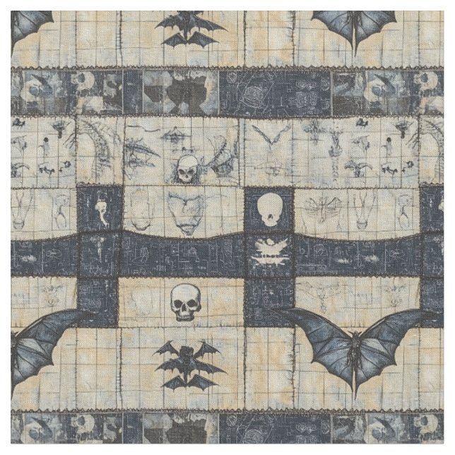 Gothic Skull & Bat Denim Collage Fabric (Close Up)