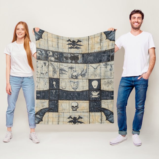 Gothic Skull & Bat Denim Collage Fleece Blanket (In Situ)