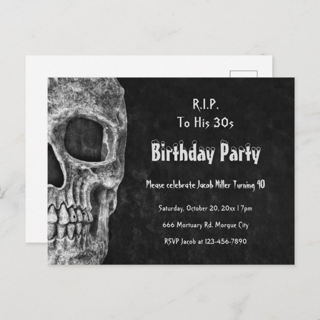 Gothic Skull Birthday Party RIP To His 30s Invitation Postcard (Front/Back)