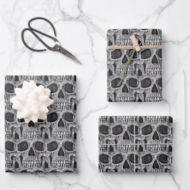 Gothic Skull Black And White Grunge Cool Pattern Wrapping Paper Sheet (Front)