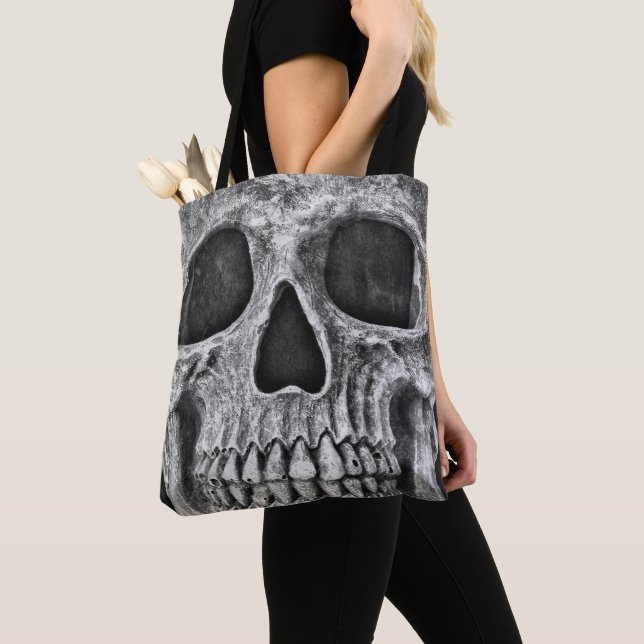 Gothic Skull Black And White Grunge Cool Tote Bag (Close Up)