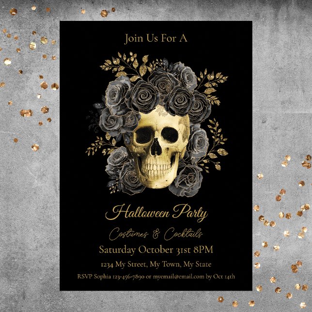 Gothic Skull Black & Gold Roses Halloween Party Invitation (Creator Uploaded)