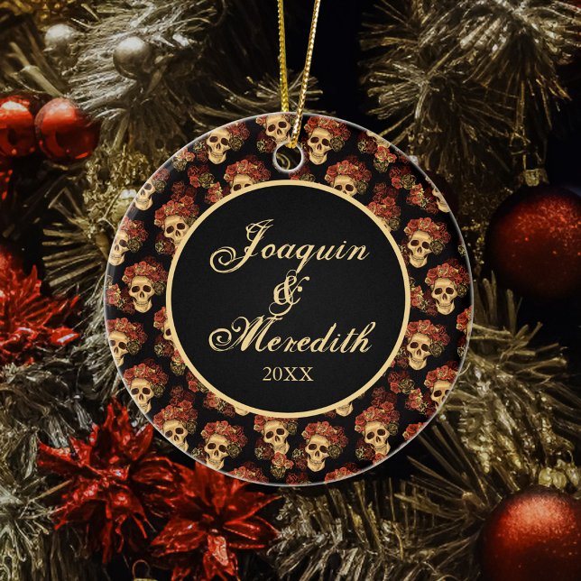Gothic Skull Black Red Monogram Halloween Ceramic Tree Decoration (Creator Uploaded)