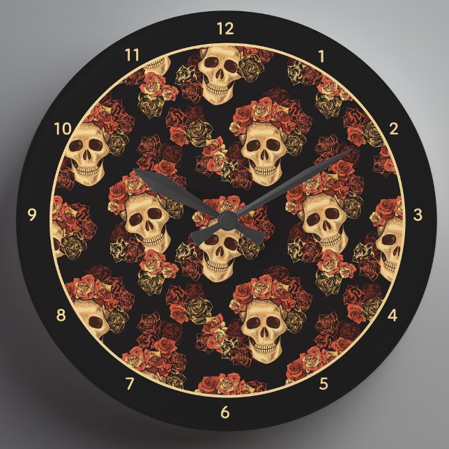 Gothic Skull Black Red Rose Crown Halloween Large Clock (Creator Uploaded)