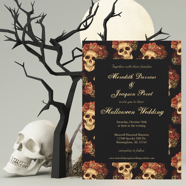 Gothic Skull Black Red Roses Halloween Wedding Invitation (Creator Uploaded)