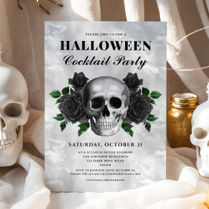 Gothic Skull Black Roses Halloween Cocktail Party Invitation