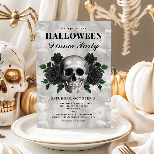 Gothic Skull & Black Roses Halloween Dinner Party Invitation (Gothic Black Roses & Skull Halloween Dinner Party Invitation)