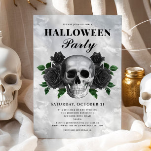 Gothic Skull & Black Roses Halloween Party Invitation