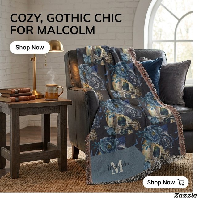 Gothic Skull & Blue Rose Halloween monogram  Throw Blanket (Creator Uploaded)