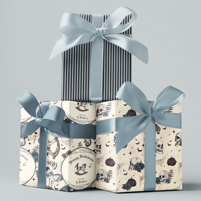 Gothic Skull Blue Roses Pumpkin Boy Halloween Wrapping Paper Sheet (Gothic Happy Halloween Gift Wrap in Blue. Spooky Vintage Rocking Horse, Raven, Skulls, Blue Roses...)