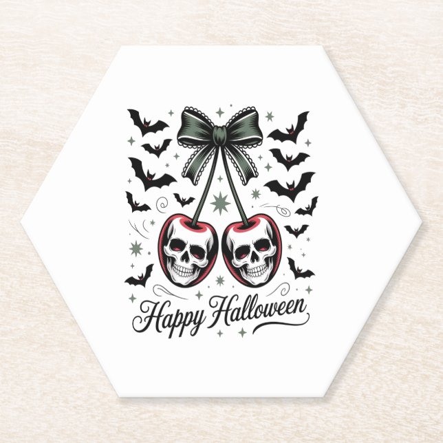 Gothic Skull Cherry Halloween Paper Coaster (Front)