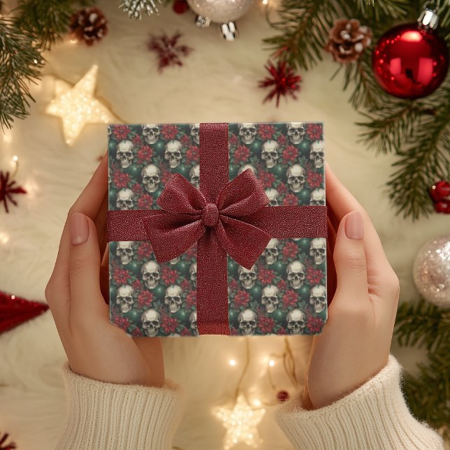 Gothic skull Christmas Wrapping Paper skeleton (Skull goth Christmas Wrapping Holiday pointsettas)