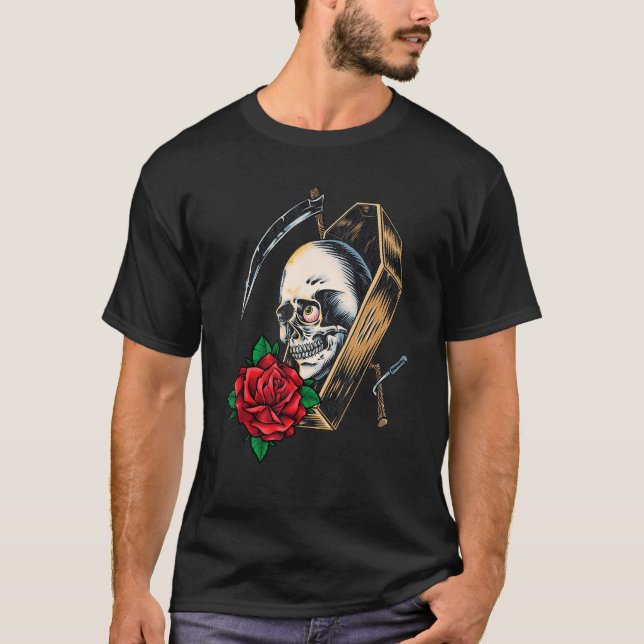 Gothic Skull Coffin Skeleton Halloween Emo Punk Em T-Shirt (Front)