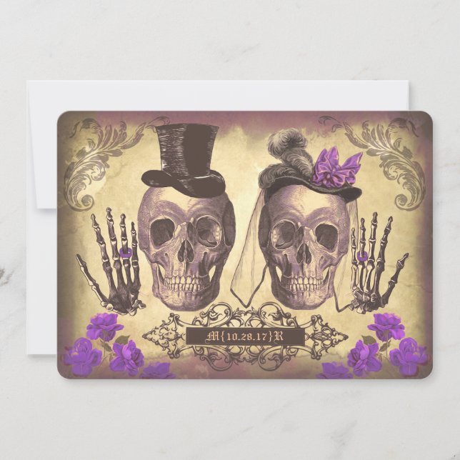 Gothic Skull Couple Day of The Dead Wedding purple Invitation (Front)