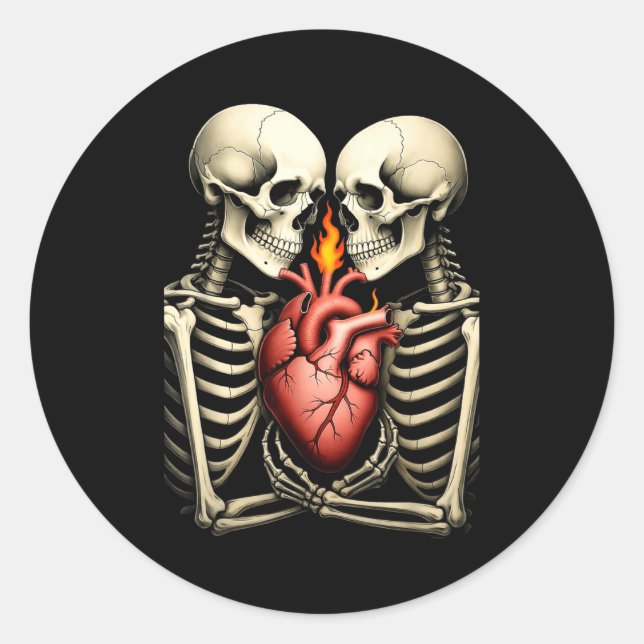 Gothic Skull Couple Flaming Heart Dark Romance Sty Classic Round Sticker (Front)