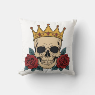Gothic Skull Crown with Red Roses – Dark Biker Cushion