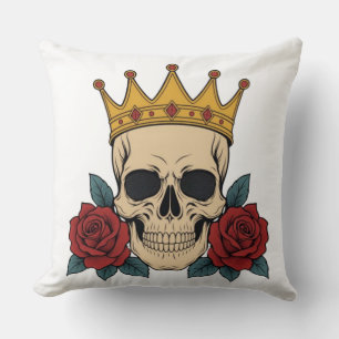 Gothic Skull Crown with Red Roses – Dark Biker Cushion