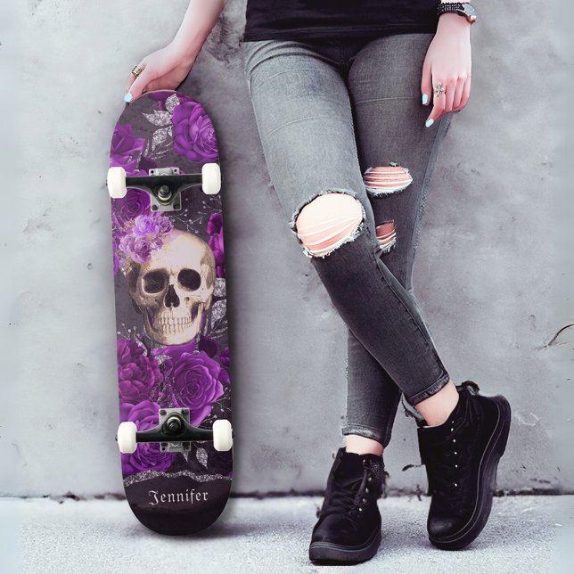 Gothic Skull Dark Purple Roses Personalised Skateboard (Creator Uploaded)