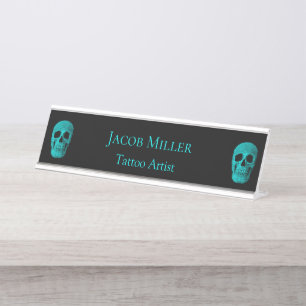 Gothic Skull Dark Teal Black Macabre Tattoo Shop Desk Name Plate