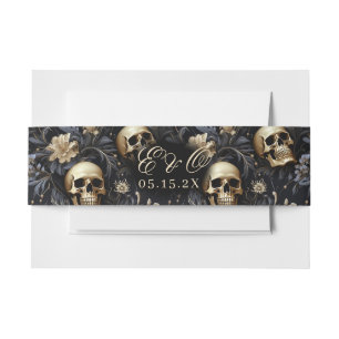 Gothic Skull Elegant Floral Gold Wedding Invitation Belly Band