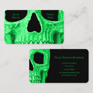 Gothic Skull Face Neon Green Black Tattoo Shop Business Card