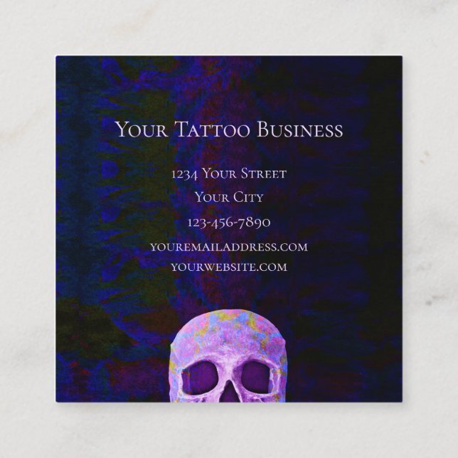 Gothic Skull Face Purple Blue Cool Tattoo Shop Square Business Card (Back)