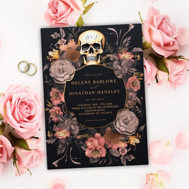 Gothic Skull Floral Black Wedding Invitation (Gothic Skull Floral Black Wedding Invitation)