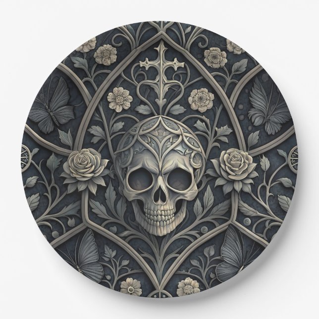 Gothic Skull Floral Celestial Pattern (2) Paper Plate (Front)