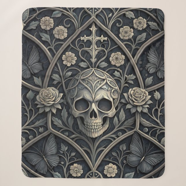 Gothic Skull Floral Celestial Pattern (2) Sherpa Blanket (Front)