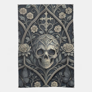 Gothic Skull Floral Celestial Pattern (2) Tea Towel