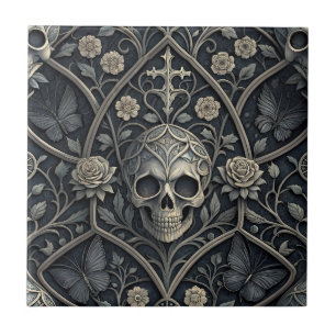 Gothic Skull Floral Celestial Pattern (2) Tile