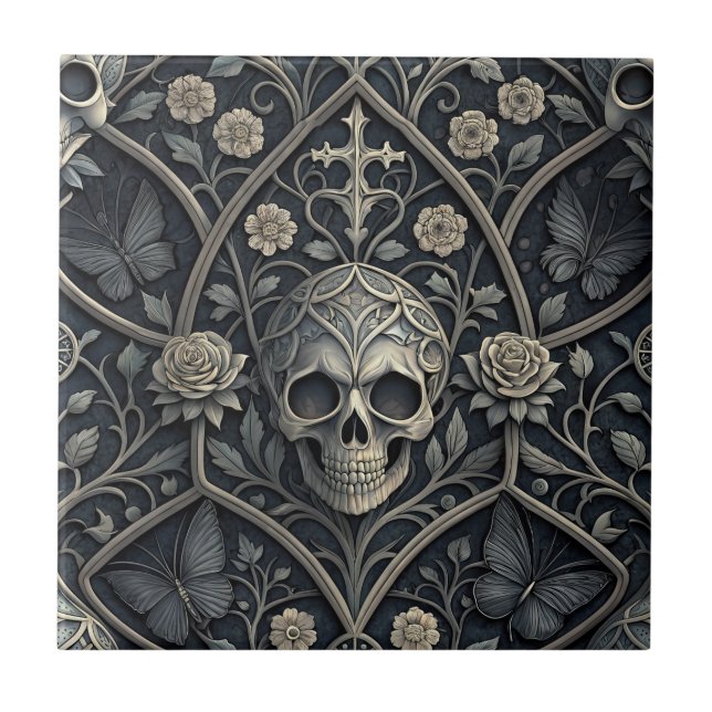 Gothic Skull Floral Celestial Pattern (2) Tile (Front)