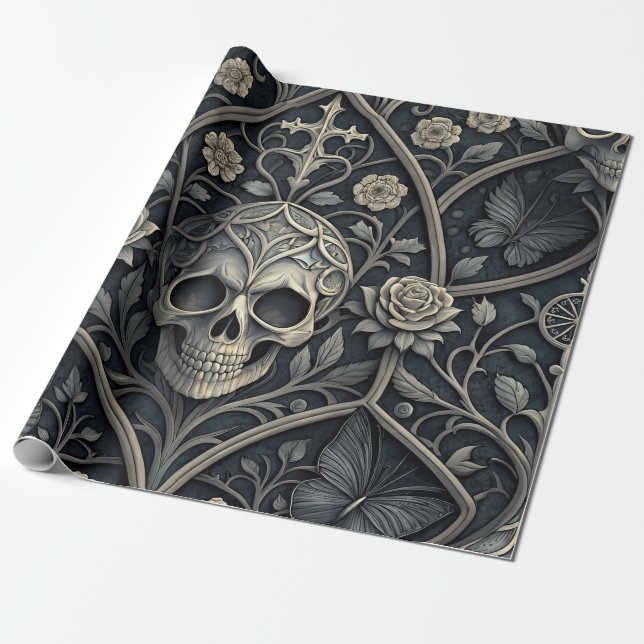 Gothic Skull Floral Celestial Pattern (2) Wrapping Paper (Unrolled)