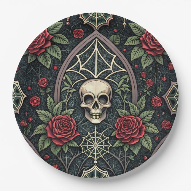 Gothic Skull Floral Celestial Pattern (3) Paper Plate (Front)