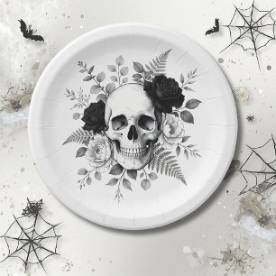 Gothic Skull Floral Halloween Paper Plate