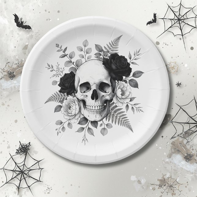 Gothic Skull Floral Halloween Paper Plate (Creator Uploaded)
